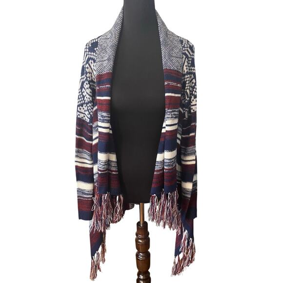 Cozy Boho Southwest Fringe Cardigan Sweater Open Front Waterfall Hem Blue Red L - Picture 1 of 8